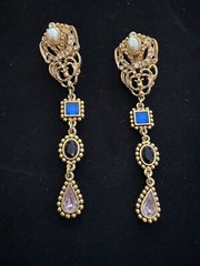 Vintage drop earrings blue and lavender sand faux pearl stones 3.5 inches long