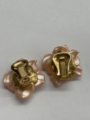 Vintage Signed NOLAN MILLER Cream Color Flower Clip Earrings W/Rhinestone Center