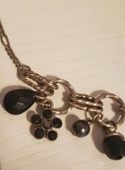 Vtg Black Beads And Crystal Charms On A Silver 18″ Chain