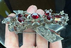 Rare Hobe Sterling 925 Ribbon Spray Earrings Brooch Ring Set Ruby Crystals w/Box