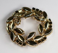 Vintage Rhinestone Wreath Brooch Milk Glass AB Stones Gold Navettes Gold Tone