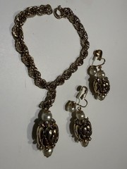 1950s Magic Lantern Gold Tone Rhinestone Earrings Necklace Charm Bracelet Set