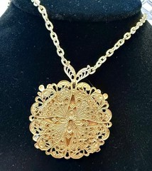 Vintage W Germany Floral Porcelain Filigree Pendant Necklace Gold Tone Enamel