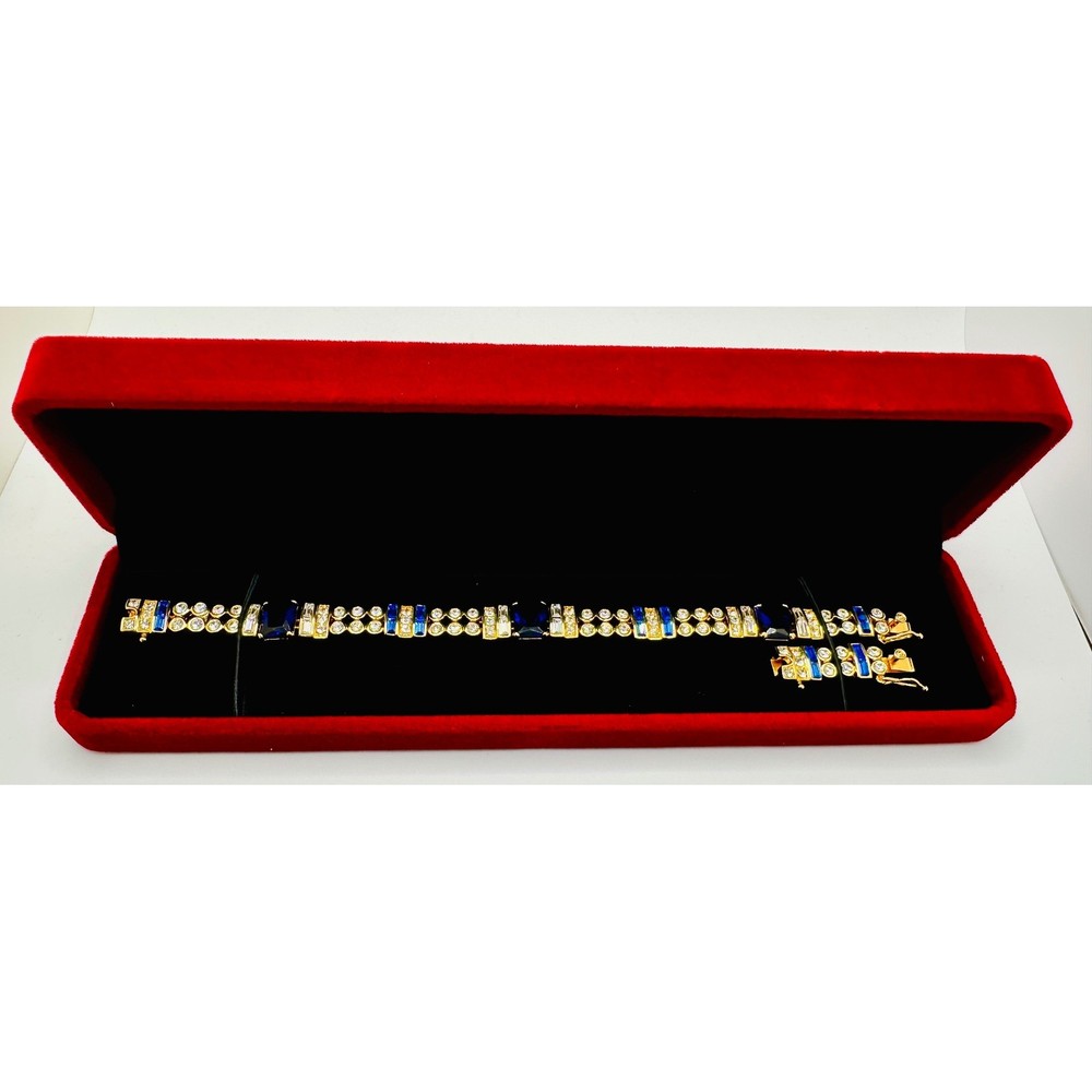 Vintage Gold Tone Blue and Clear Crystal Link Bracelet with Extender 7.25-8.5 In