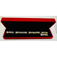 Vintage Gold Tone Blue and Clear Crystal Link Bracelet with Extender 7.25-8.5 In