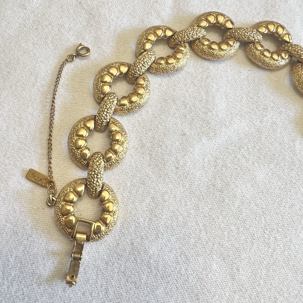 Vintage MONET BRACELET Textured Gold Circle Link Statement Cuff MCM