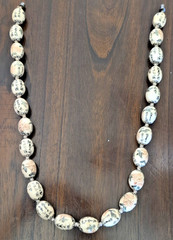 Vintage Asian Calligraphy and Floral Motif Oval Porcelain Bead Necklace 28 inch