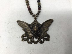Boho Art Nouveau Goddess Butterfly Bronze Tone Beaded Necklace Jasper Hematite