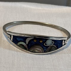 Vintage Alpaca Mexico Hinged Bracelet Celestial & Mountains Abalone, MOP 7”