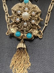 Vintage Victorian Revival Necklace Earrings Faux Pearl turquoise Festoon Tassel