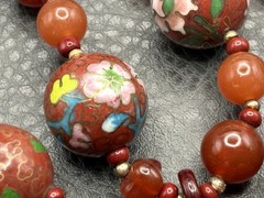 VTG Bird Butterfly Asian Cloisonne Carnelian Bead Hand Knotted Necklace 28”