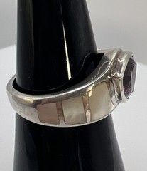 Vintage Sterling Silver 925 Trillion Cut Amethyst Mother Of Pearl Inlay Ring