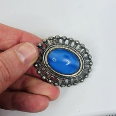 Vintage Silver Tone Blue Cabochon Oval Brooch Openwork Beaded Frame 45mm Folk