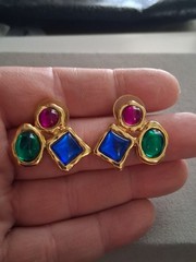 1980s bold runway earrings, glass cabochon trio, geometric, asymmetrical