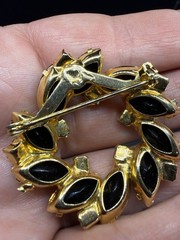 Opaque Black Rhinestone And Gold Toned Circle Wreath With Navette Vintage Brooch