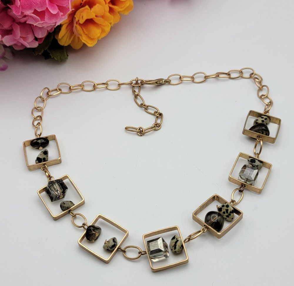 Art Deco Multi Gemstone Charm Square Frame Link Chain Necklace Gold Tone 21″ Adj