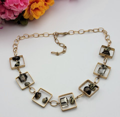 Art Deco Multi Gemstone Charm Square Frame Link Chain Necklace Gold Tone 21″ Adj