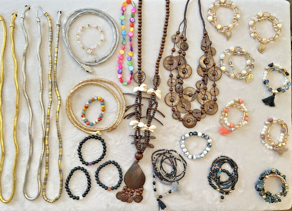 Vintage New Gold Snake Wood Glass Rock Chip Bead Necklace Bracelet Lot 195