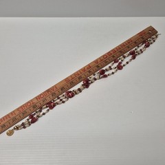 Vtg Estate Gold Foil Cranberry Leaf Pearl Glass Beaded Collar Necklace 3 Strand