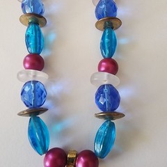 Vintage Sun Pendant Beaded Necklace Multi Color & Blue Beads Gold Tone See Pic *