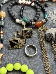Vintage Asian Jewelry Lot Natural Stones Elephant Necklace And Pendant BOHO