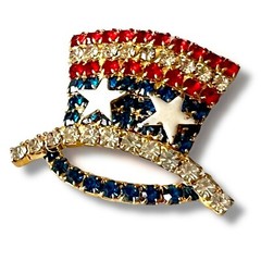 Patriotic Rhinestone Brooch Red White Blue Vintage Uncle Sam Hat Figural Pin