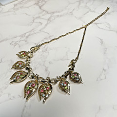 Vintage Gold Tone Multi Color Pastel Rhinestone Leaf Collar Choker Necklace 1950