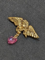 Vintage Signed Cherub Angel Brooch Pink Crystal Heart Dangle Gold Tone Pin 2.5″