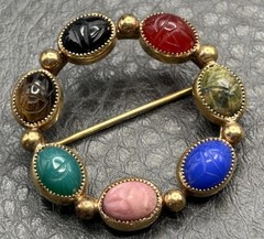 Egyptian Revival Vintage Gold Tone Semi Precious Stone Scarab Circle Brooch Pin