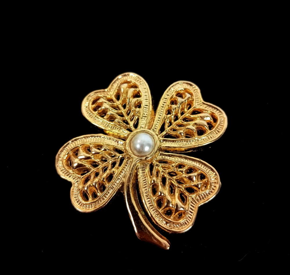 Vintage Four Leaf Clover Small Brooch Faux Pearl Gold Tone Open Work Signed AAI
