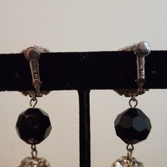 Vintage Signed Les Bernard Rhinestone & Faceted Black Dangle Ball Earrings 4″