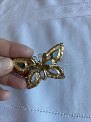 Vintage Rhinestone Butterfly Brooch Aqua Teal Gold Tone Mid Century Style
