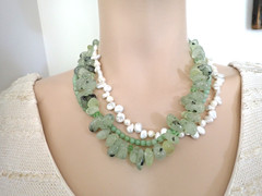 Vintage Multi Strand Necklace Freshwater Pearls & Pale Green Prehnite Gemstones