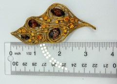 La Roco 1950s Texture Gold Plate Shades of Topaz Rhinestone Leaf Brooch