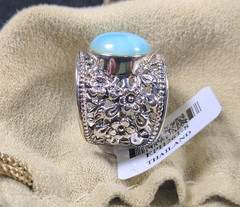 Round Cabochon Larimar Sterling Silver Wide Floral Band Ring & Original Package