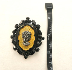 Vintage Mourning Style Cameo Brooch Black Jet Rhinestone Victorian Revival Goth