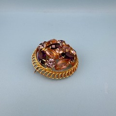 Vintage Rhinestone Brooch Round Pink Purple Marquise Stones Open Back Gold Tone