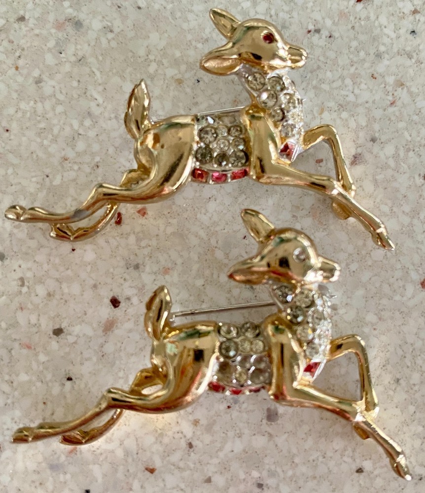 Lot of 2 Vintage Reindeer Brooch Rhinestone Gold Tone Christmas Pin