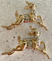 Lot of 2 Vintage Reindeer Brooch Rhinestone Gold Tone Christmas Pin