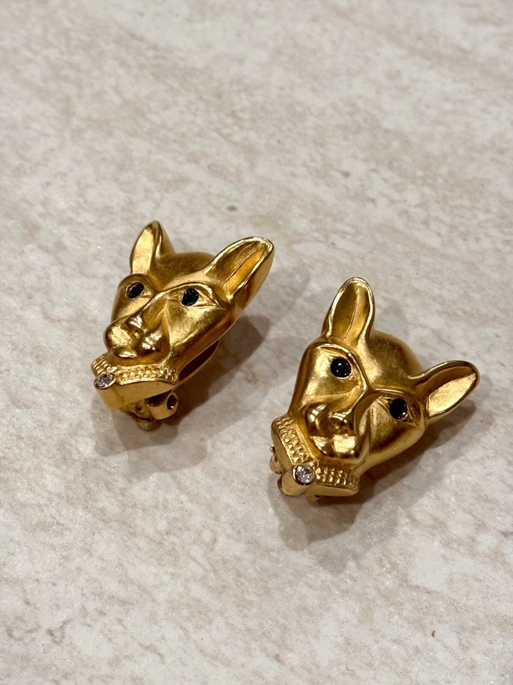 VTG Jackie Collins Panther Earrings Green Eyes Gold Tone Clip Designs Signed