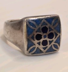 Vintage 925 Serling Silver RIng Square Bezel Blue Lapis Lazuli Geometric Pattern