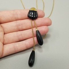 Vintage Trifari Black and Gold Tone Long Lariat Bolo Slide Chain Necklace