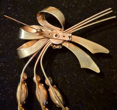 Vintage Gold Tone Floral Ribbon Bow Brooch Blue Cabochon Moonstone & Rhinestones