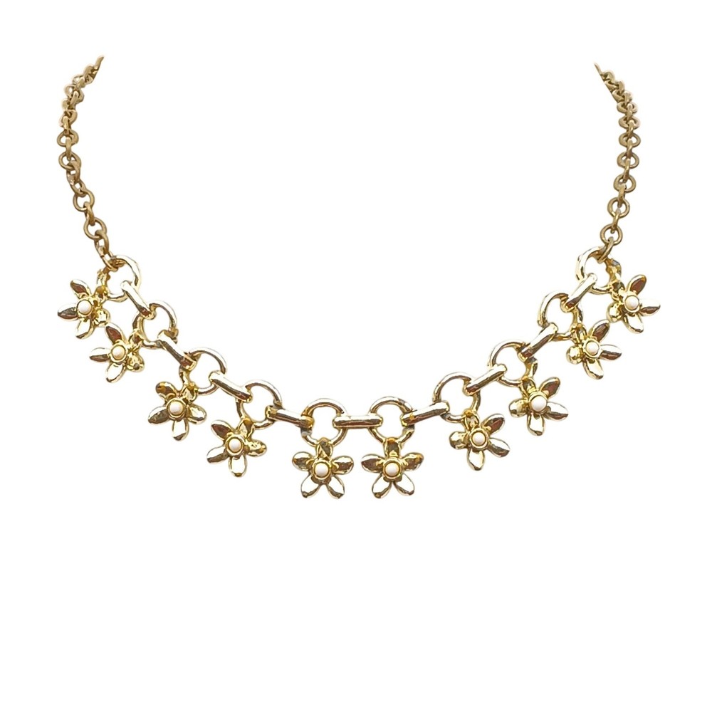 Vintage Floral Charm Chain Choker Necklace Gold-Tone Metal Adjustable Length Dai