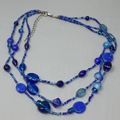 Layered Art Glass Necklace Blue Marble Opaque Transparent Bead Seed Acrylic 20″