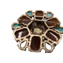 Vintage Art Deco Style Brooch Tea Brown Floral Rhinestone Acrylic Pin 2 1/4 in