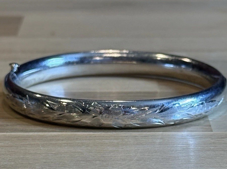 Vintage Etched Sterling Silver Bangle Victorian Style About 7 Inches Signed