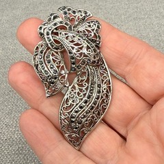 Vintage Brooch Marcasite Silver Tone Bow or Leaf