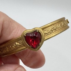 Vintage Victorian Revival Heart Bangle Bracelet Red Glass Gold Tone Hinged TINY*
