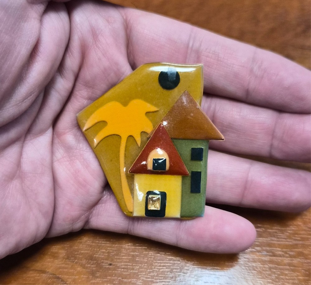 Vintage House Pins by Lucinda Green Home Palm Tree & Moon in Sky Pin / Brooch